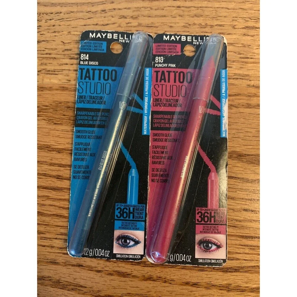 (2) Maybelline Tattoo 36HR WATERPROOF Eyeliner 813 814 BLUE DISCO Punchy Pink